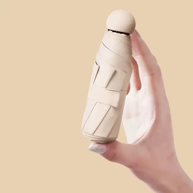 Portable Capsule Umbrella - Mini Sunshade and Rain Protection with Black Rubber Alloy Handle, Foldable Design for Dual Use