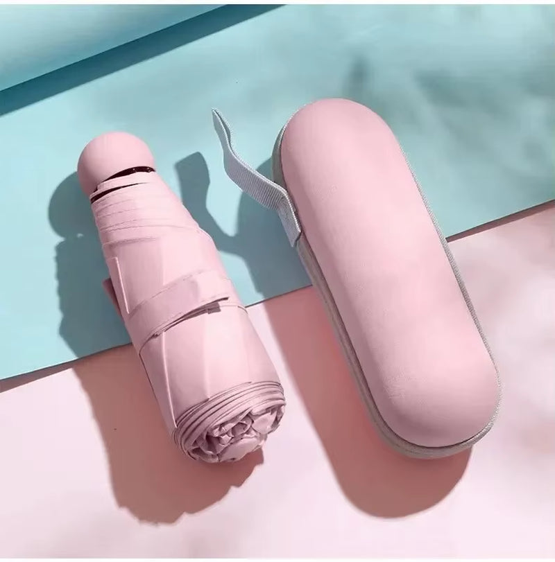 Portable Capsule Umbrella - Mini Sunshade and Rain Protection with Black Rubber Alloy Handle, Foldable Design for Dual Use
